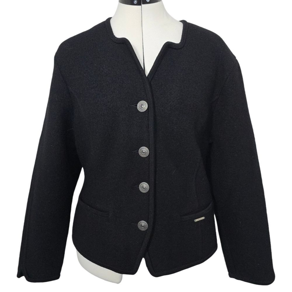 Vintage Geiger Austria Black Wool Coat Jacket Size 40 Medium Trachten Tyrolean